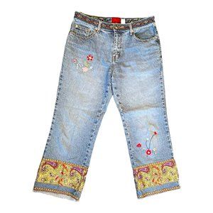 Gilce Boho Light Wash Denim Straight Leg Paisley Floral Accent Blue Jeans 31